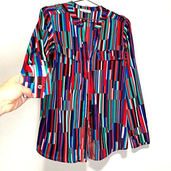 Calvin Klein Red Green Multicolored Striped Button Up Blouse size Medium - Picture 2 of 8